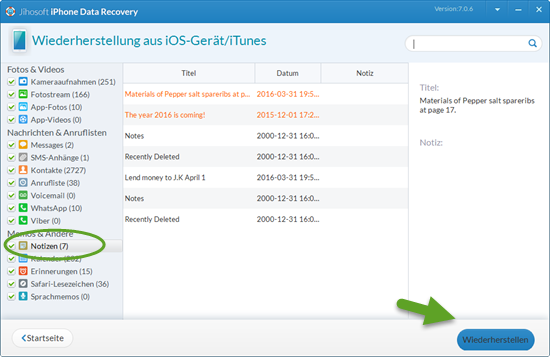 Vorschau und gelöschte Notizen von iPhone / iPad wiederherstellen