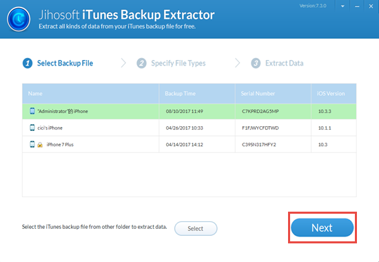 select backup file